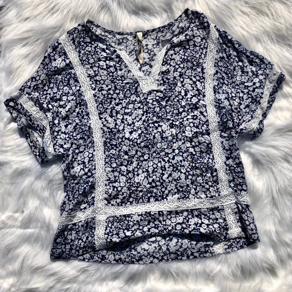 Seven7 Navy Floral Crochet Lace Blouse Shirt